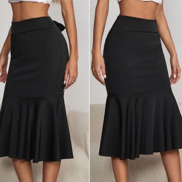 Black Ruffle Hem Midi Skirt Office Work - Picture 2 of 4